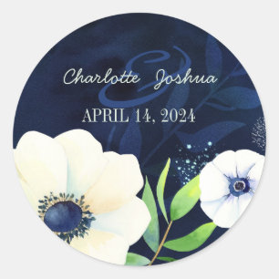Sticker Rond Aquarelle Anemone Mariage bleu marine