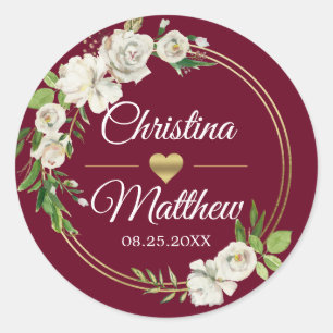 Sticker Rond Aquarelle Antique Blanc Floral Bourgogne MARIAGE