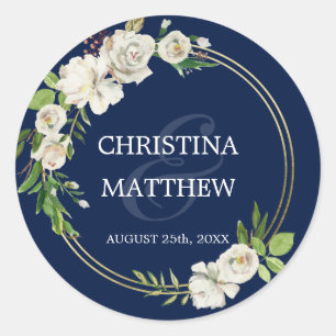 Sticker Rond Aquarelle Antique Blanc Floral MARIAGE bleu marine