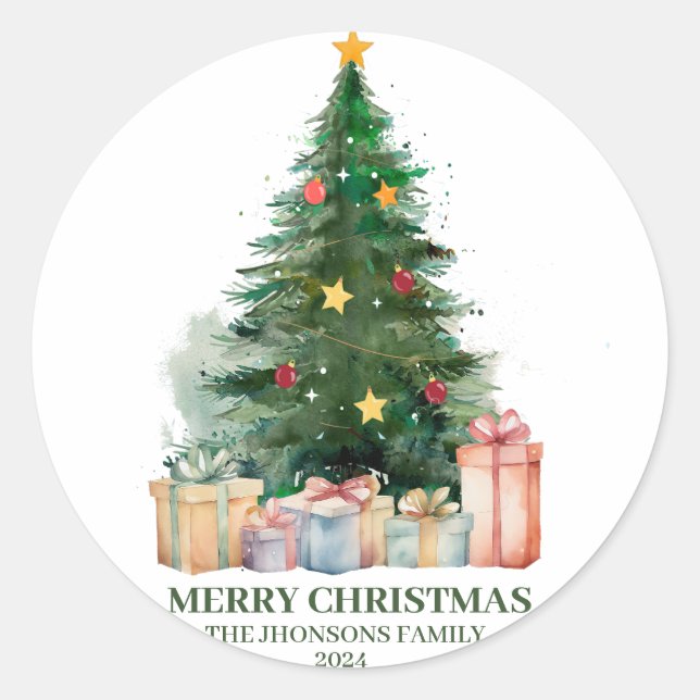 Sticker Rond Aquarelle Arbre de Noël avec cadeaux (Devant)