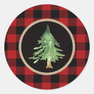 Sticker Rond Aquarelle Arbre de Noël Hiver Buffle rouge Plaid