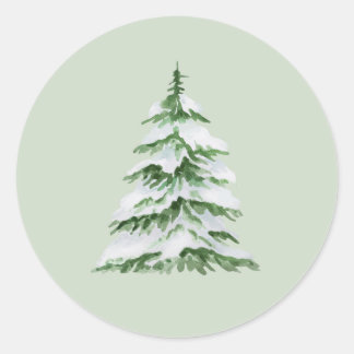 Sticker Rond Aquarelle Arbre de Noël neigeux