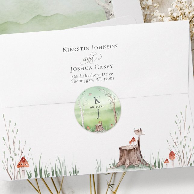 Sticker Rond Aquarelle Arbre Whimsical Boho Faire-part de maria (Watercolor green trees whimsical cottagecore wedding monogram invitation envelope closure sticker)