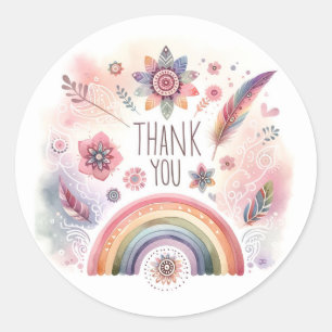 Sticker Rond Aquarelle Arc-en-ciel Pastel Bohème Merci