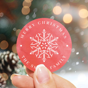 Sticker Rond Aquarelle artistique Flocon de neige Noël rouge