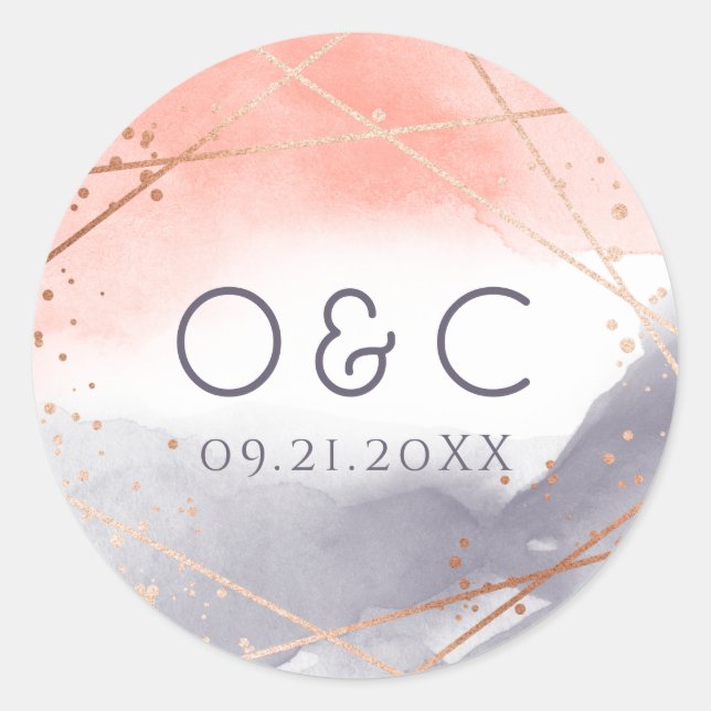 Sticker Rond Aquarelle aurifère rose monogramme géométrique (Devant)
