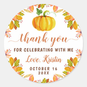 Sticker Rond Aquarelle Automne Floral Citrouille Automne Merci