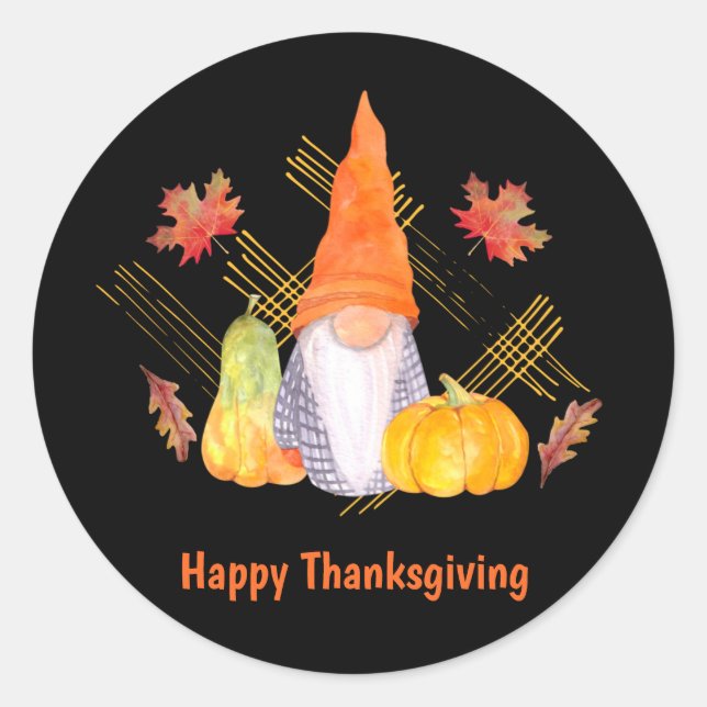 Sticker Rond Aquarelle Automne Gnomes, Citrouille Et Feuille (Devant)