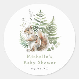 Sticker Rond Aquarelle Baby shower d'écureuil en bois
