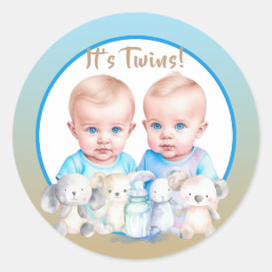 Sticker Rond Aquarelle Baby shower du garçon Twin Animaux
