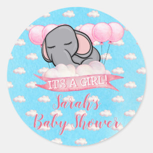 Sticker Rond Aquarelle Baby shower Eléphant Rose Cute