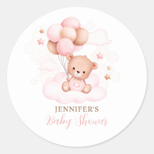 Sticker Rond Aquarelle Ballotte rose Baby shower Ours en peluch