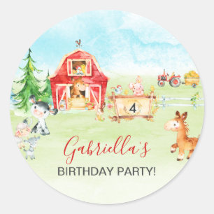 Sticker Rond Aquarelle Barnyard et animaux de ferme Anniversair