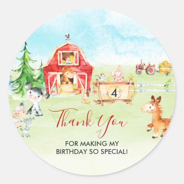 Sticker Rond Aquarelle Barnyard et animaux de ferme Merci (Devant)