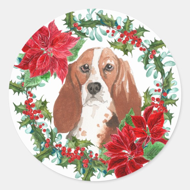 Sticker Rond Aquarelle Basset Hound Poinsettia Holiday Wreath (Devant)