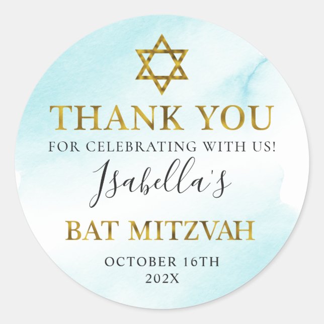 Sticker Rond Aquarelle bat mitzvah Pastel Blue Gold Merci (Devant)
