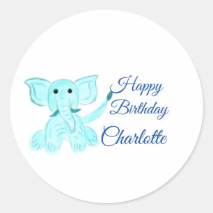 Sticker Rond Aquarelle bébé éléphant heureux anniversaire ajout