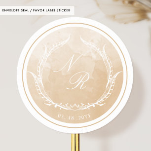 Sticker Rond Aquarelle beige Sceau d'enveloppe monogramme /Favo
