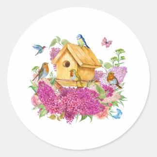 Sticker Rond Aquarelle Birdhouse, Oiseaux et Fleurs Lilac