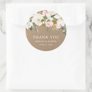 Sticker Rond Aquarelle blanc Magnolias Rose Mariage Kraft