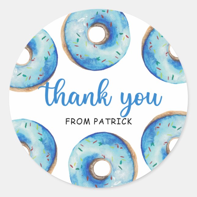 Sticker Rond Aquarelle bleu beignets Anniversaire Merci (Devant)