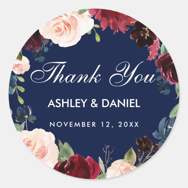 Sticker Rond Aquarelle bleu Bourgogne Merci Mariage Floral (Devant)