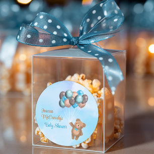 Sticker Rond Aquarelle Bleu Brown Ballons Baby shower d'ours