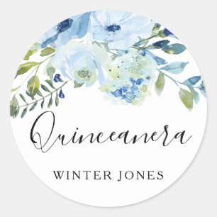 Sticker Rond Aquarelle bleu clair Floral Quinceanera Party