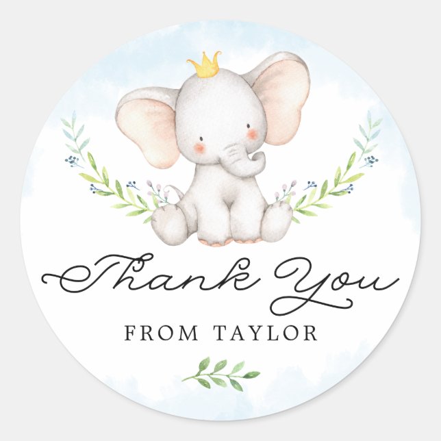 Sticker Rond Aquarelle Bleu Cute Bébé Eléphant Merci (Devant)