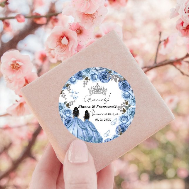 Sticker Rond Aquarelle bleu Dusty Floral Twin Quinceañera (Créateur téléchargé)