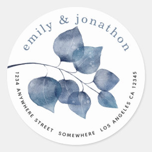Sticker Rond Aquarelle bleu Feuilles Noms de retour Adresse