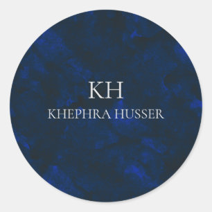 Sticker Rond Aquarelle bleu foncé Nom du monogramme