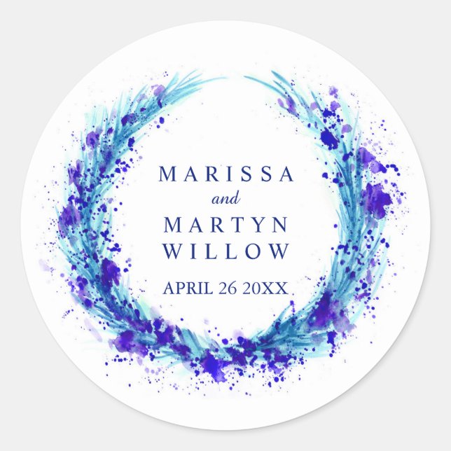 Sticker Rond Aquarelle bleu herbe couronne mariage nom autocoll (Devant)