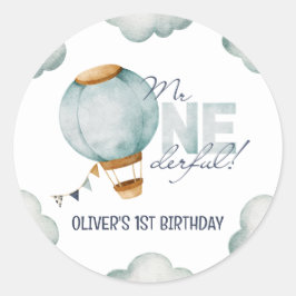 Sticker Rond Aquarelle Bleu Hot Air Balloon M. ONEderful Boy