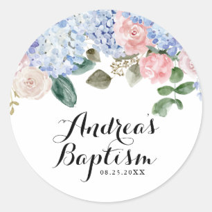 Sticker Rond Aquarelle Bleu Hydrangée et rose Roses Baptême