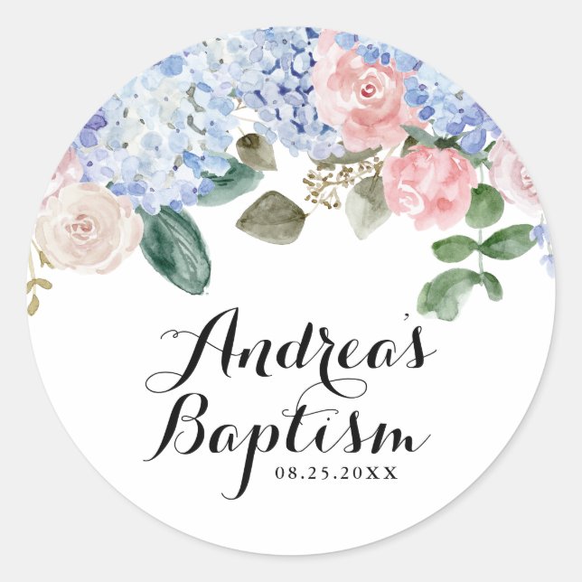 Sticker Rond Aquarelle Bleu Hydrangée et rose Roses Baptême (Devant)