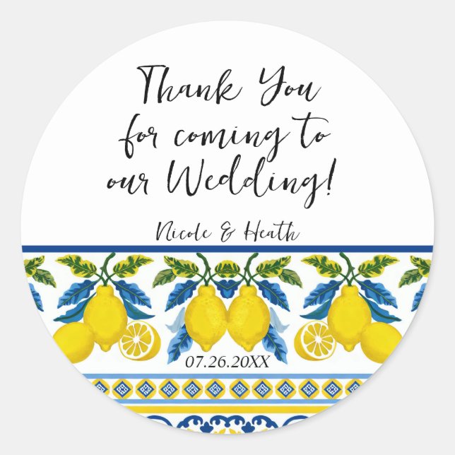 Sticker Rond Aquarelle bleu jaune citron Mariage méditerranéen (Devant)