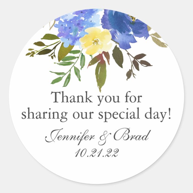 Sticker Rond Aquarelle bleu Mariage Floral Merci (Devant)