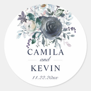 Sticker Rond Aquarelle bleu marine Floral Mariage Mariage