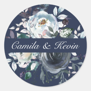 Sticker Rond Aquarelle bleu marine Floral Mariage Mariage