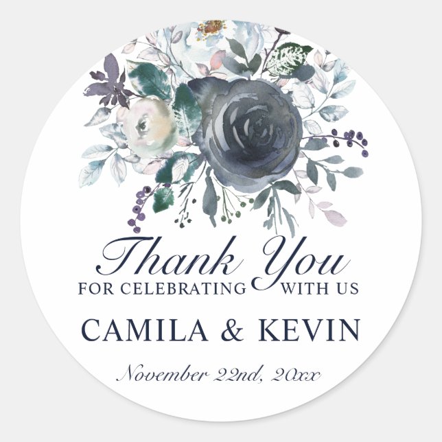Sticker Rond Aquarelle bleu marine Mariage Merci Floral (Devant)