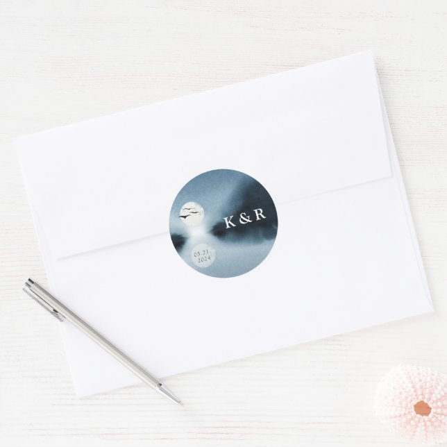 Sticker Rond Aquarelle bleu nuit Paysage Mariage Monogramme (Enveloppe)