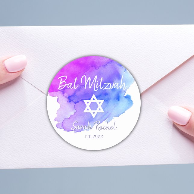 Sticker Rond Aquarelle bleu violet étoile de David Bat mitzvah (Créateur téléchargé)