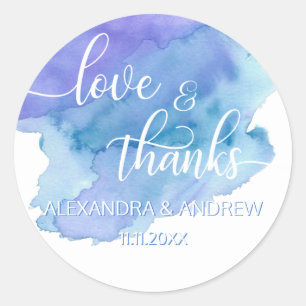 Sticker Rond Aquarelle Bleu violet Mariage Amour & Merci