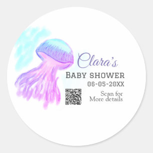 Sticker Rond Aquarelle bleu violet pastel méduse bébé chausson