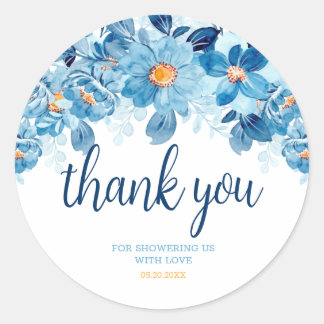 Sticker Rond Aquarelle bleue Baby shower Floral Merci Favoriser