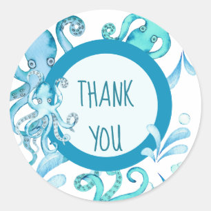 Sticker Rond Aquarelle bleue et Turquoise Baby Sea Octopus Merc