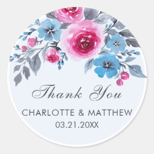 Sticker Rond Aquarelle bleue Merci Mariage Floral