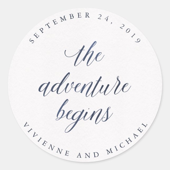 Sticker Rond Aquarelle bleue Texte L'aventure commence Mariage (Devant)