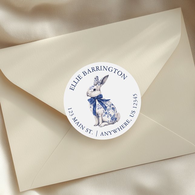 Sticker Rond Aquarelle Blue Chinoiserie Bunny Rabin Adresse (Créateur téléchargé)